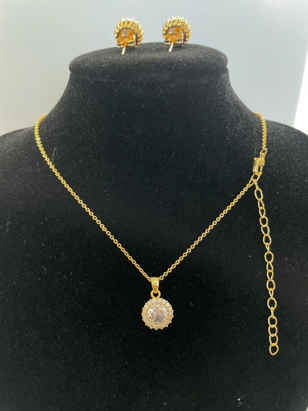 Gold Crystal Halo Necklace and Stud Earring Set - Picture 4 of 4